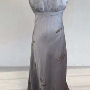 Vintage Y2K Silver Grey Chiffon Maxi Dress Fairycore Ethereal Leaf Print Slip